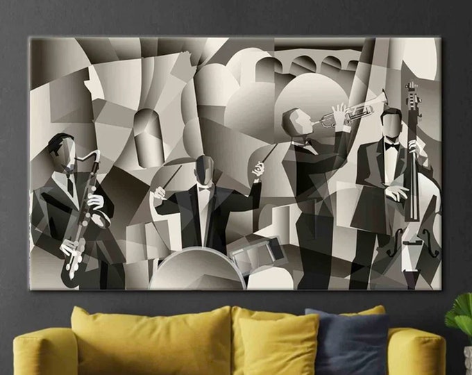 Stylish jazz band playing music on the scene wall art Musical instruments Canvas print, Saxophone Jazz club abstract contemporary decor Art