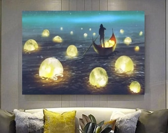 The Man in the Boat and the Moon Globes Nightscape Oil Painting, Canvas Print, Ready to Hang Wall Decor, Night Scenery for Living Room
