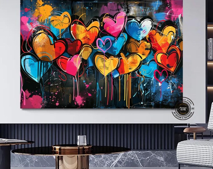 Banksy Graffiti Art Street |Graffiti Hearts Love | Graffiti wall art print | Banksy paint hearts | Large Framed Wall Art Set | ready hangig