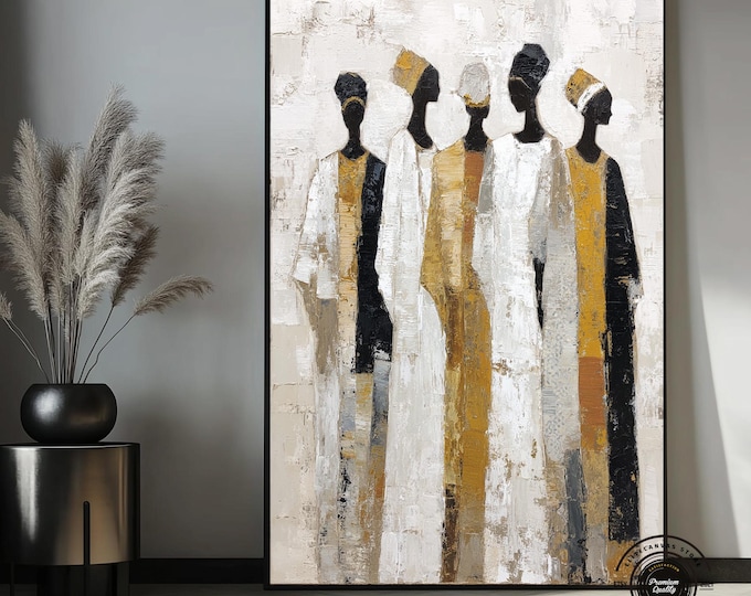 Abstract African Figures Canvas Painting – Elegant Ethnic Wall Decor, Modern Canvas, Home Decor in Gold and Neutral Tones
