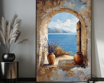 Mediterranean Archway Canvas Art, Sea View Window Print, Santorini Coastal Decor