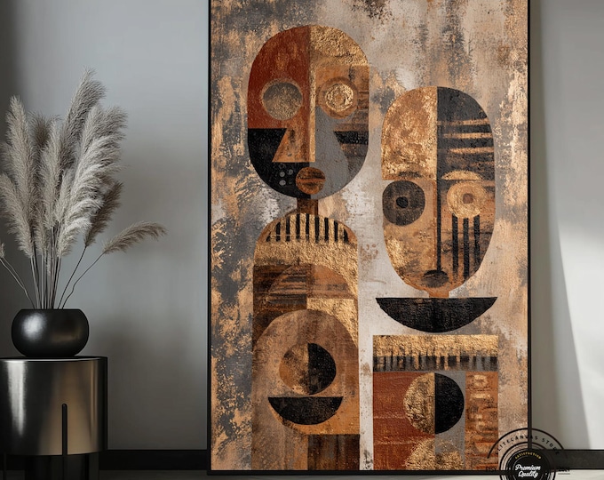 Modern Abstract Face Canvas – Geometric Tribal Mask Print in Warm Neutral Tones