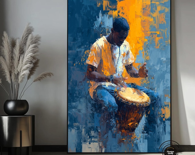 Abstract Drummer Canvas Print, Blue Orange Musician Wall Art, Contemporary Decor