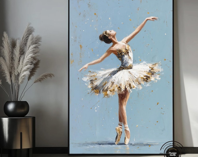 Elegant Ballerina Canvas — Blue & Gold Ballet Wall Art, Graceful Statement Decor