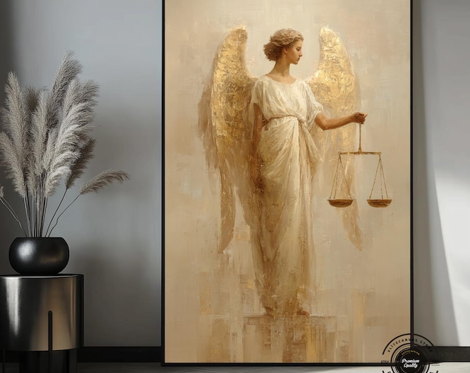 Golden Justice Angel Canvas Art – Elegant Neutral Spiritual Painting