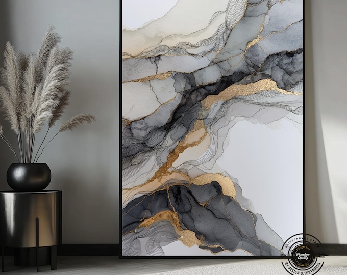 Gold Vein Abstract Marble Canvas – Modern Luxury Wall Art – Black Gray Minimal Decor
