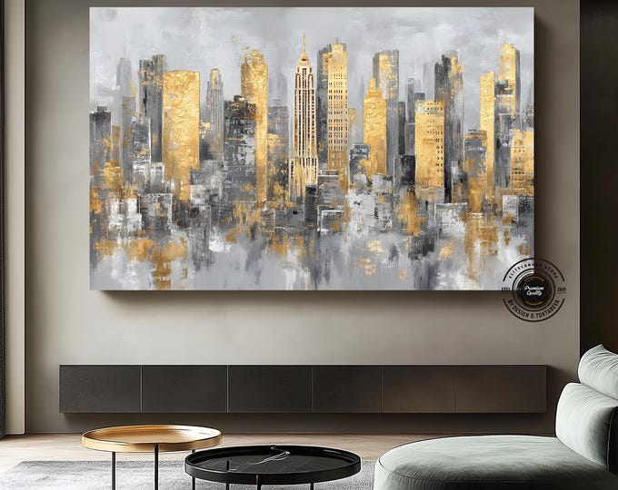 Handmade Gold City Skyline Canvas Art, Abstract Modern Urban Wall Decor