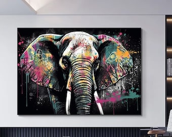Modern Graffiti Elephant Canvas Art, Colorful Home Decor