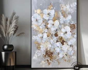 Elegant White Flower Canvas Painting – Modern Gold Flower Picture, Luxury Wall Decor, Large Botanical Artwork for Living Room