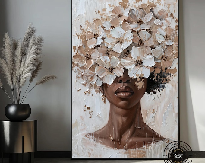 Bohemian and Elegant Home Decor: Floral Black Woman Figure Canvas Print