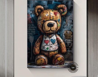 Handmade Graffiti Teddy Bear Canvas Art: Street Style Wall Decor