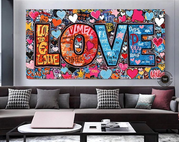 Banksy Graffiti Art Street |Graffiti Hearts Love | Graffiti wall art print | Banksy paint hearts | Large Framed Wall Art Set | ready hangig