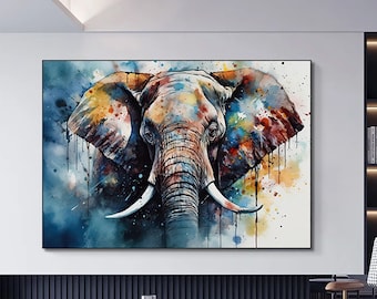 Colorful Elephant Canvas Painting: Modern Home Office Wall Art