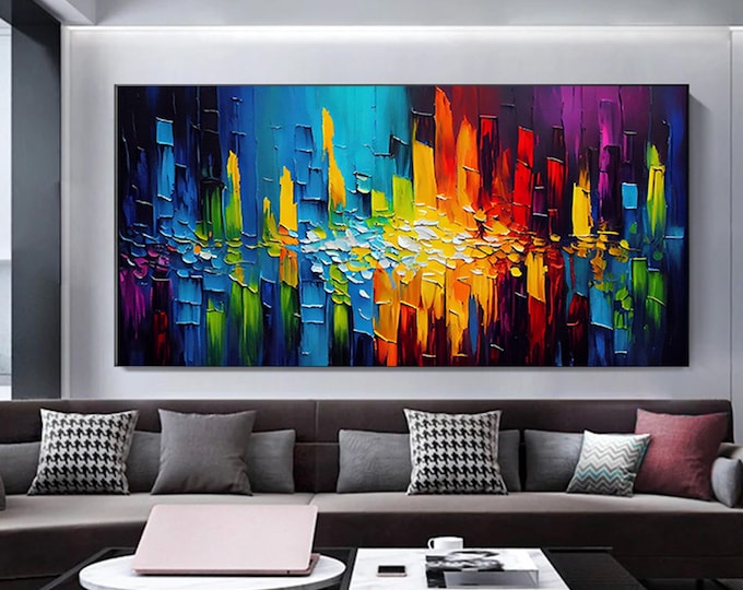 Extra Large Modern Palette Knife Texture Colorful Abstract Wall Art Oversized abstract art, Print on Canvas Red Maya Blue Orange