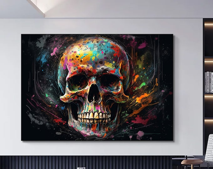 CANVAS ART - Colorful Skull Abstract Oil Painting Style Wall Art, Colorful skull Canvas Painting Poster Print, Home/Office Room Decor, Gifts
