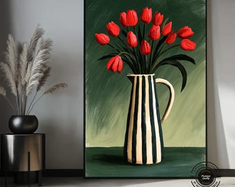 Red Tulip Canvas Wall Art, Striped Vase Floral Painting, Green Botanical Wall Decor, Modern Flower Canvas, Colorful Kitchen Wall Art