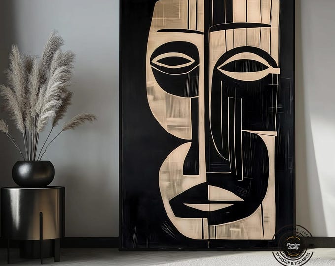 Abstract Face Canvas Art, Modern Line Art Portrait, Beige & Black