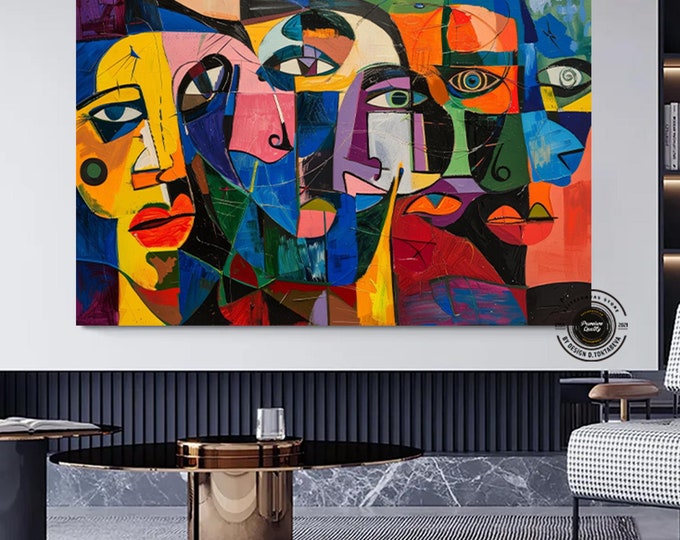 Modern Geometric Wall Art Print , Colorful Faces Wall Art, Cubism Wall Art, Colorful Abstract Art Canvas, Contemporary Wall Art Large