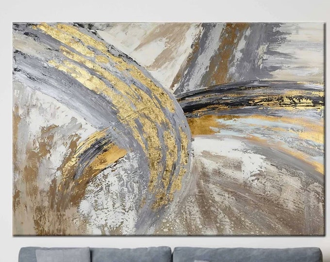 Large Stretched Abstract Gold Foil Gray Oil Painting Canvas Painting Living Room Decor Hand Original Modern Minimalist Art Gift For Father