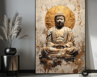 Gouden Boeddha canvas wanddecoratie, Boeddha schilderij, Zen meditatie wanddecoratie, spirituele kunst, boho Aziatische decoratie, grote Boeddha canvas print