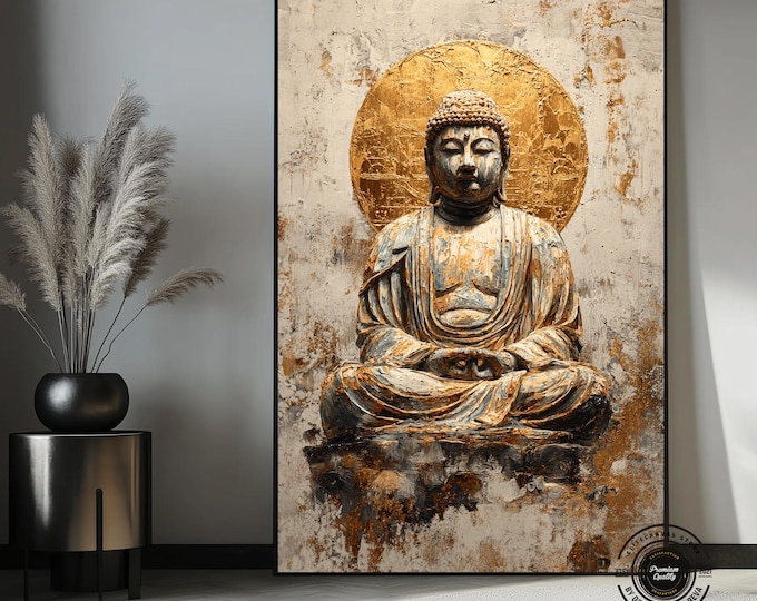 Gold Buddha Canvas Wall Art, Buddha Painting, Zen Meditation Wall Decor, Spiritual Art, Boho Asian Decor, Large Buddhist Canvas Print
