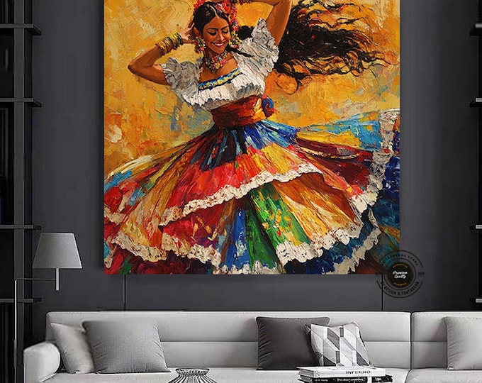 Mexican Wall Art - Woman Dancing Traditional Latin Dance Painting Canvas PRINT Framed Unframed Ready To Hang