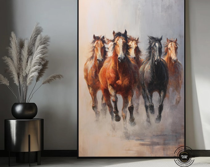 Running Horses Canvas Wall Art – Dynamic Wild Horse Painting, Rustic Western Decor