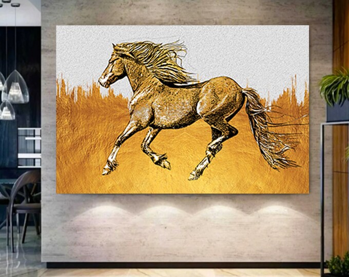 Horse large wall art, Gold horse canvas print, gold horse large panel ,animal poster , Horse canvas wall art