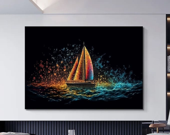 Boat canvas, gold ships painting, abstract sailing wall art, sailboats print, paint textured canvas, glitter textured art painting,