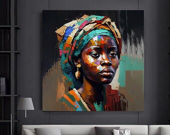 Colorful African Woman Canvas Art, Modern Fashion Wall Decor