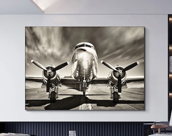 Vintage Douglas DC-3 Airplane Canvas, Black and White Twin Engine Wall Art