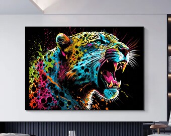 Abstract Jaguar Canvas Art – Colorful Wildlife Paint Splatter