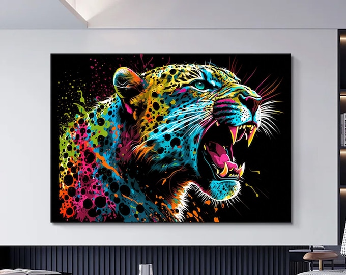 Colorful abstract jaguar art paint splatter jaguar artwork abstract wildlife art colorful jungle art big cat painting- wall art canvas.