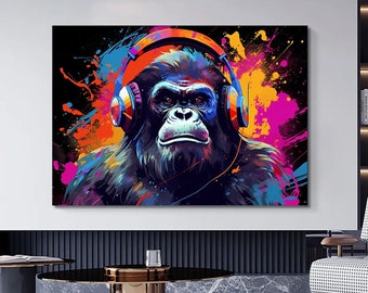 Colorful Graffiti Gorilla Canvas Art: Funny Animal Wall Decor