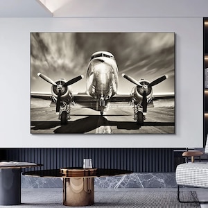 Vintage Airplane Decor Black and White Douglas DC-3 Airplane Propeller Vintage Twin Engine Airplane Wall Art Decor  Living Room Wall Art