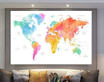 Colorful World Map Canvas Print, World Map Poster, World Map Wall Art, World Map Wall Decoration