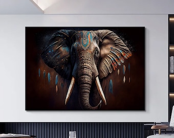 Horny Elephant Colorful Picture Wall Art Canvas Print Home Decor Animals Handmade Wall Hanging. Elephant wall decor.