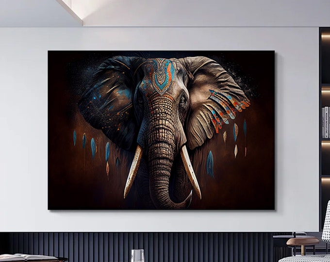 Horny Elephant Colorful Picture Wall Art Canvas Print Home Decor Animals Handmade Wall Hanging. Elephant wall decor.