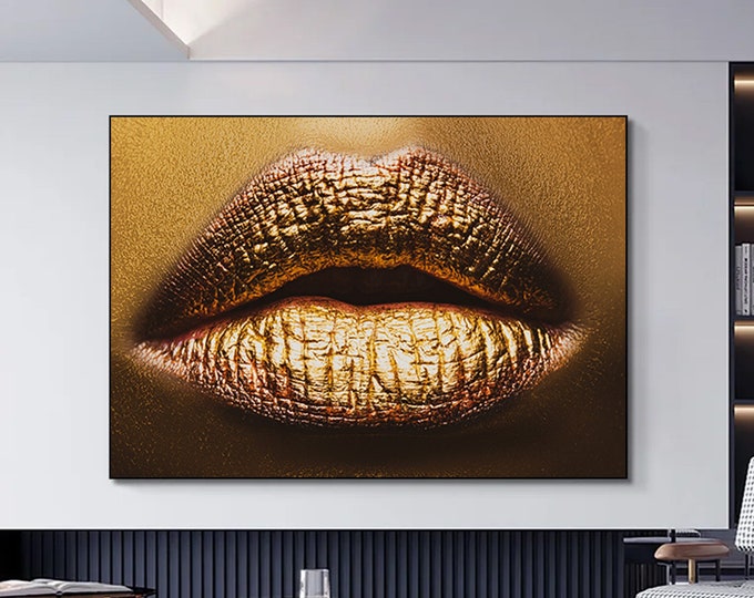 Gold Lips Canvas, Wall Art Canvas Design, Ready To Hang Home Decoration sexy lip canvas art