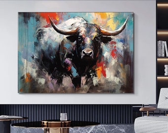 Bull canvas painting,Colorful bull,Bull painting art,Bull wall decor,Highland cow,Bull Abstract Canvas,Animal Painting,Big bull art
