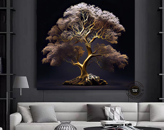 Golden Tree - Luxurious Abstract Canvas Wall Art Print for Living Room or Home Decor.