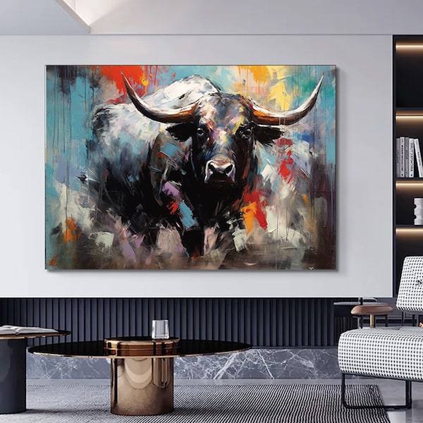 Bull canvas painting,Colorful bull,Bull painting art,Bull wall decor,Highland cow,Bull Abstract Canvas,Animal Painting,Big bull art