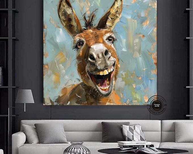 Funny donkey painting, laughing donkey wall hanging,Colorful Donkey Canvas Print - Fun and Vibrant Animal Wall Art for Home Decor