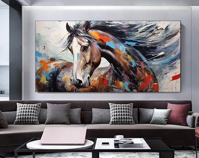 Extra Large Modern Abstract art  colorful horse art,  abstract painting  canvas wall art.Horse wall canvas print painting.