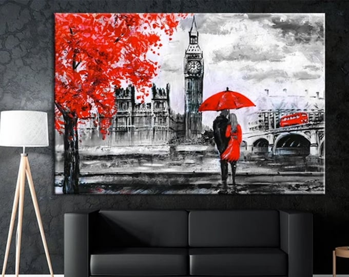 Modern Art Canvas, London Art, Umbrella Canvas Art, Red Umbrella Art, Landscape Art Canvas, Red Tree Canvas, Lovely Canvas Art,