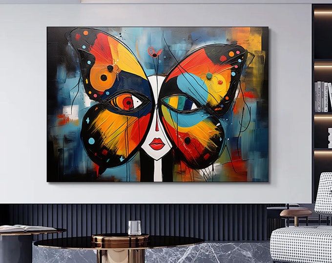 Abstract butterfly canvas wall art in the style of Pablo Picasso.Butterfly abstract art.