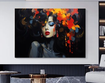 Banksy Style Woman Canvas Print, Colorful Graffiti Wall Art