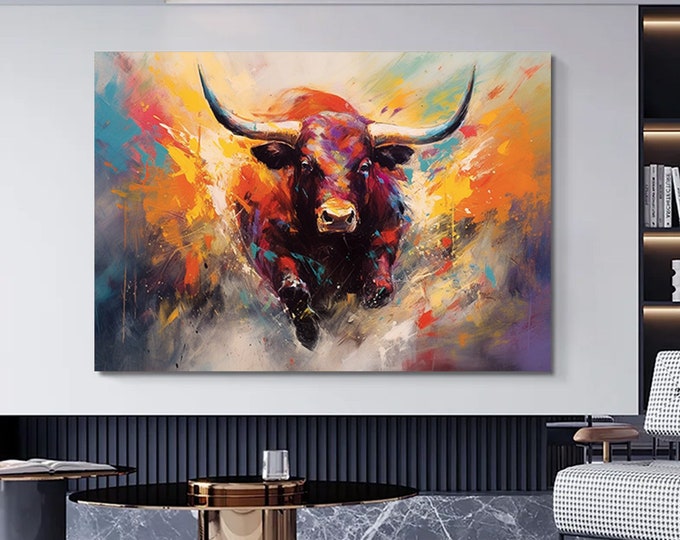 Bull canvas painting,Colorful bull,Bull painting art,Bull wall decor,Highland cow,Bull Abstract Canvas,Animal Painting,Big bull art