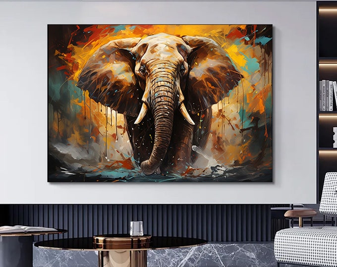 Modern oil painting elephant canvas painting, Elephant wall art, Colorful elephant animal art.