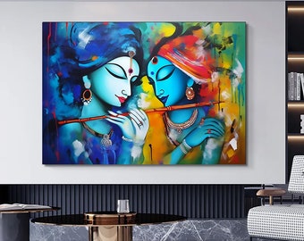 Radha Krishna Canvas Painting, Traditional Indian Art, Wall Decor